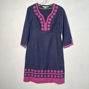 BODEN Preppy Palm Beach Party Linen Embroidered Dot V Neck 3/4 SLV Tunic Dress4R